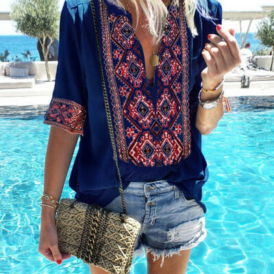 

Summer Women T-Shirt Boho Print Tee Deep V-Neck Long Sleeve Shirts Top Blouse