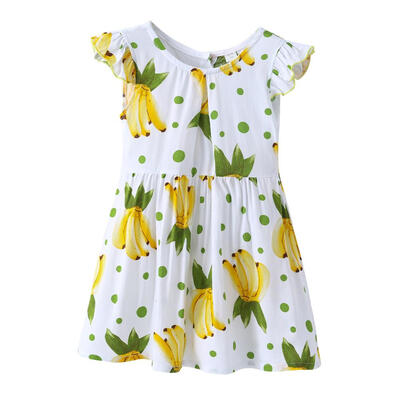 

Fruit Printed Dress Flying Sleeve Kids Girl Summer Loose Button Dresses