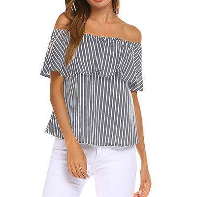 

Starmoon Womens Off Shoulder Ruffles Striped Printed Casual Blouse Loose Shirt Tops