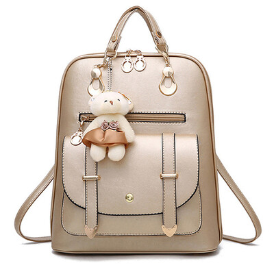 

Lovely Girls Leather School Backpack Women Shoulder Bag Travel Satchel Handbag Back To School Gift Random Style Bear Pendant