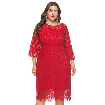

Round Collar 34 Sleeve Lace Crochet See-through Plus Size Women Dress