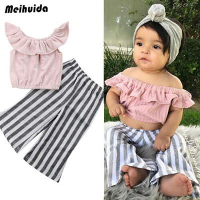 

Toddler Baby Girl Striped Summer Casual 2Pcs Clothes Ruffle TopsPants Outfits