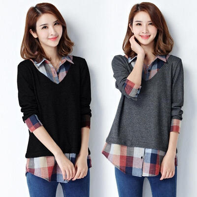 

Fashion Women Long Sleeve Plaid Patchwork T-Shirt Casual Loose Tops Blouse Shirt