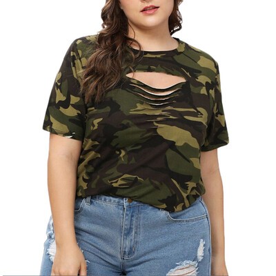 

Roseonmyhand Fashion Women Casual O-Neck Plus Size Camouflage Hollow Out Tops T-Shirts