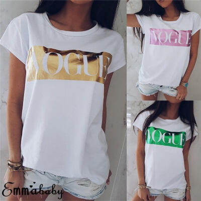 

Womens Ladies Short Sleeve Vogue Slogan Gold Foil Printed Casual T Shirt Top Tee