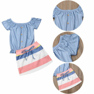 

UK Toddler Kid Baby Girl Button Tops Color Stripe Dress Skirt Clothes 2pcs Set