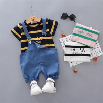 

US 2PCS Baby Boy Girls Bib Jeans Outfit Kids Toddler Stripe Shirt Pants Overall