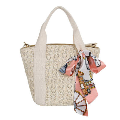 

Silk Decor Shoulder Handbags Women Straw Woven Crossbody Top-handle Bags