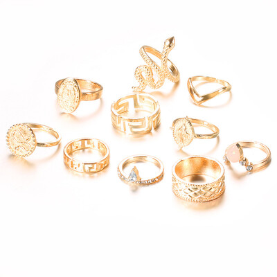 

Jesus Snake Shape Animal Gold Crystal Joint Rings Set