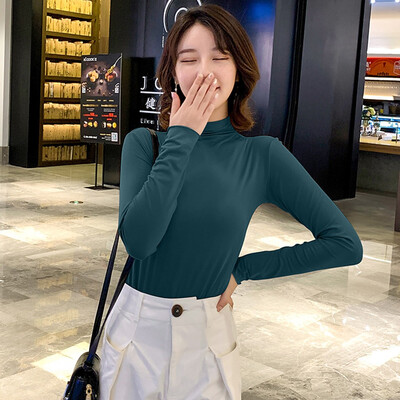

Tailored Fashion Women Top High Collar Pure Color Elegant Long Sleeve Casual Blouse