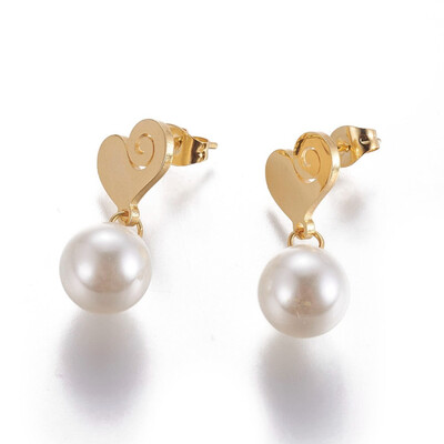 

304 Stainless Steel Dangle Stud Earrings with Plastic Imitation Pearl Heart Golden 26mm Pin 08mm