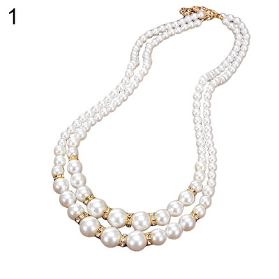 

Fashion Women Faux Pearl Beads Rhinestone Inlaid Double Layer Necklace Jewelry