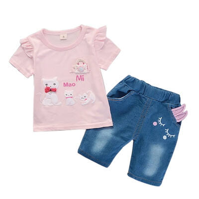 

Summer Baby Girls Short Sleeve Animal Cat Print T-shirt TopsDenim Shorts Suits Casual Outfits Sets