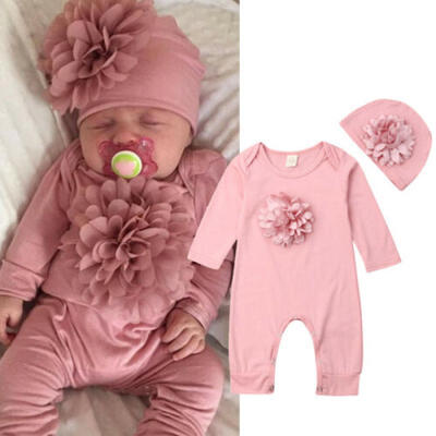 

2PCS Newborn Baby Girl Clothes 3D Flower Romper Jumpsuit Bodysuit Hat Outfit Set