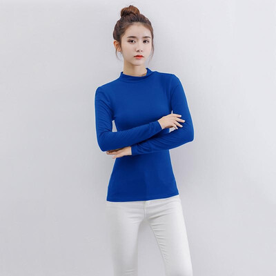 

Fashion Women Autumn Solid Color T-Shirt Half Collar Long Sleeve Thin Elastic Slim Bottoming Top