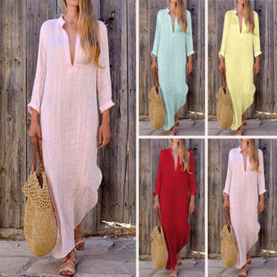 

US Summer Womens Loose Long Sleeve Linen Dress Kaftan Soild Long Maxi Dresses