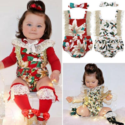 

Newborn Baby Girl Christmas Clothes Flower Lace Romper Jumpsuit Headband Outfits