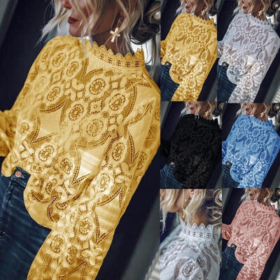 

Fashion Women Loose Long Sleeve Tops Blouse Hollow out Lace Casual Tops T-Shirt