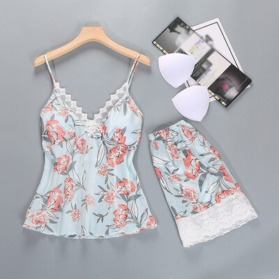 

Women Faux Silk Sleepwear Nightwear Ladies Floral 2Pcs Tops Shorts Pyjamas Set