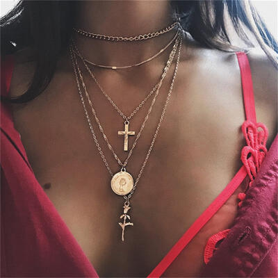

Women Necklace Exquisite Rose Round Portrait Cross Pendant Multilayer Gold Long Necklace Set Female Beach Party Accessories