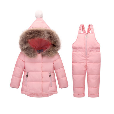 

Winter Children Clothing Sets Jumpsuit Snow Jacketsbib Pant 2pcs Set Baby Boy Girls Duck Down Coats Jacket With Fur Hood