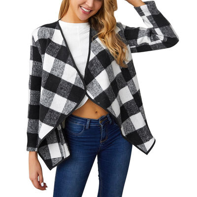 

Women Autumn Fashion Concise Plaid Outwear Long Sleeve Lapel Loose All-match Personality Jackets