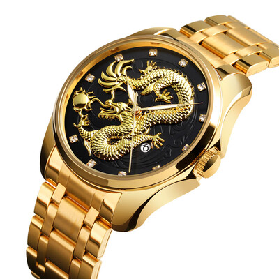 

Gobestart Golden Dragon Diamond Calendar Waterproof Mens Steel Belt Quartz Watch