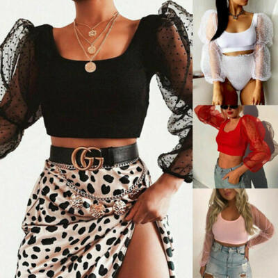 

NEW Women Polka Dot Sheer See-through Long Puff Sleeve Tops Blouse Club T-Shirts