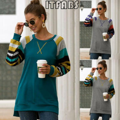 

Autumn Women Long Sleeve Tops Striped T Shirts Embroidery Stitching Pullovers