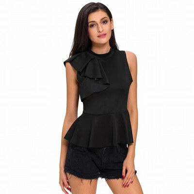 

High-neck sleeveless back with zippered ruffled casual top