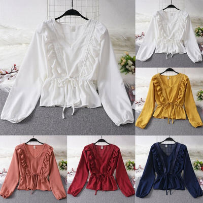 

Women Sexy V Neck Ruffle Tie Chiffon Summer Casual Loose T Shirt Tops Blouse