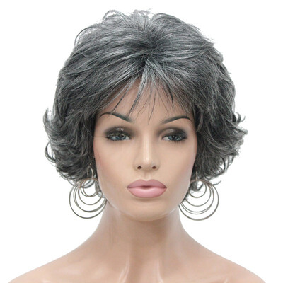

StrongBeauty Soft Tousled Curls Wig Short Grey Mix Full Synthetic Wigs 12 Colors