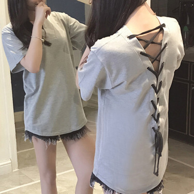 

Korean Style T shirt Women Short sleeved V-Neck backless Loose T-shirt Womens Top Tee Long Shirt