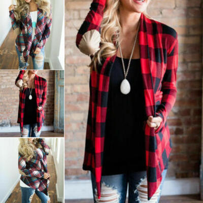 

Womens Buffalo Plaid Cardigans Long Sleeve Elbow Patch Draped Open Front Shirt