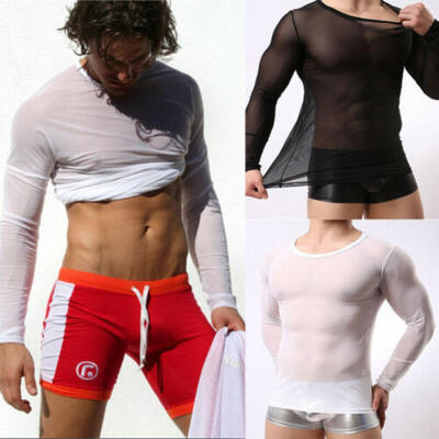 

UK Mens See-through Sheer Mesh Long Sleeve Fit Muscle Bodybuilding Shirt Top Tee