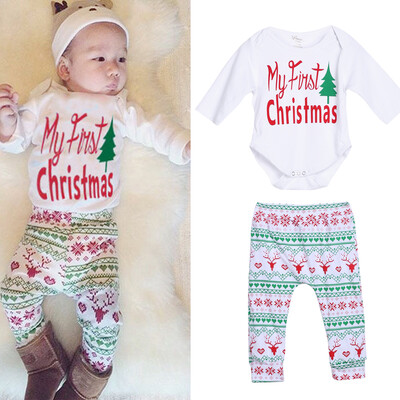 

4pcs Baby Boy Girl Christmas Outfit Romper Pants Leggings Hat Clothes Set