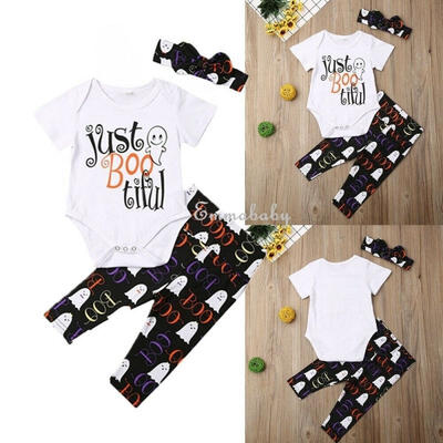 

Halloween New Baby Boy Girl 3PCS Outfits Letter Ghost Printed Short Sleeve Bodysuits Tops White Black Long Pants Headband