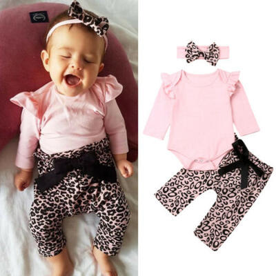 

Newborn Baby Girls Clothes Long Sleeve TopsLeopard Pants Headband Outfits Set