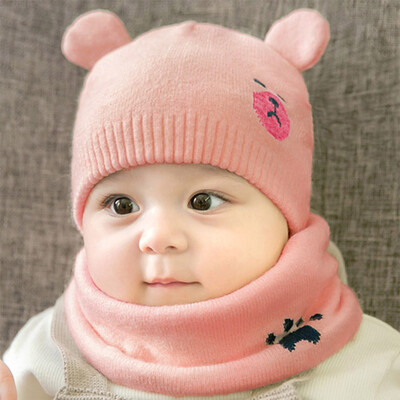 

Autumn And Winter Soft Cute Embroidered Bear Knitting Wool HatsScarfs Set Kids Baby Warm Beanie Cap Hat