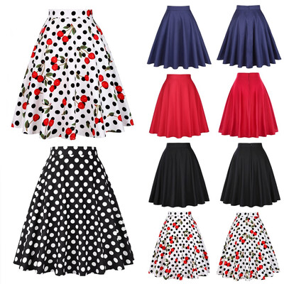 

Women Summer High Waist Skirt Sundress Pure Color Wave Dot Cherry Dress S-XXL