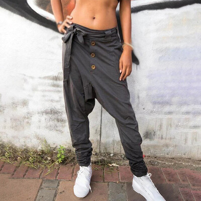 

Ladies Casual Mid Rise Loose Trousers Lace Up Solid Harem Drop Crotch Yoga Pants