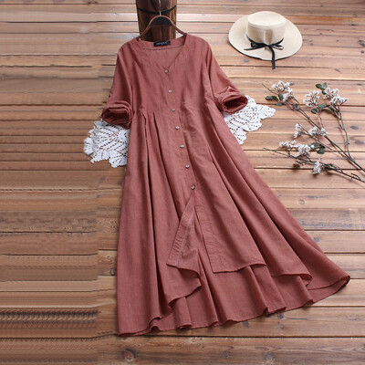 

Tailored Womens Fashion CottonLeper V Collar Button Long-sleeved Loose Dress