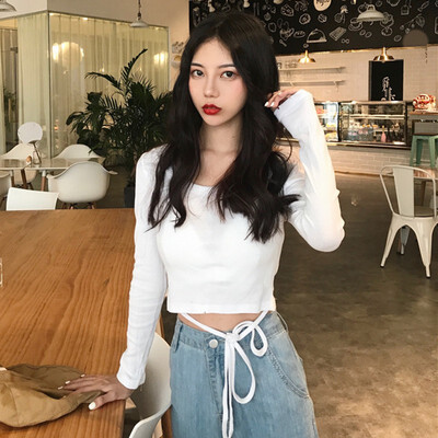 

Solid Color Round Neck Long Sleeve Knotted Short Paragraph Belly Navel Woman T-shirt Wild Autumn
