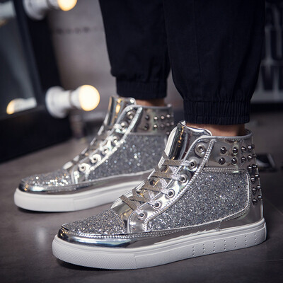 

Autumn High-Up Mens Shoes Mens Trendy Shoes Personality Gold Bright Casual Board Shoes Hip-hop Hip-hop Shoes