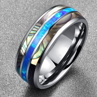 

Tungsten Steel Carbide Inlaid Shells Blue Opal Men Rings Never Fade Engagement Ring Men Jewelry