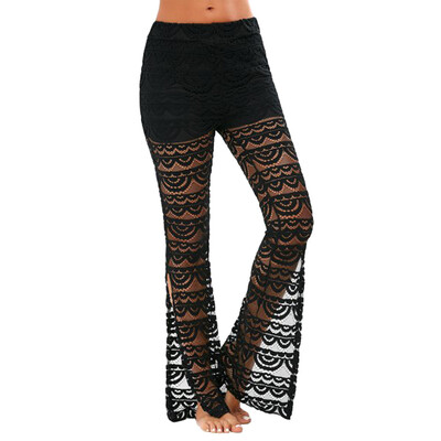 

Fashion Women Solid Mid-Waist Lace Spliced Hollow out Long Loose Flared Pants