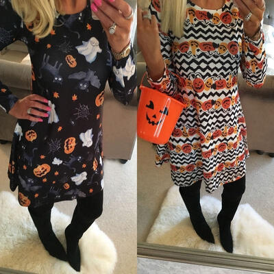 

New Womens Halloween Print Long Sleeve Thin Stripe Blazer Skater Swing Dress Top