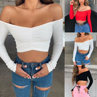 

Women Bandage V-Neck Cross Slim Crop Tops Long Sleeve T shirt Clubwear Blouse