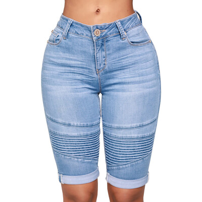 

〖Follure〗Women Mid Rise Elastic Zip Skinny Denim Knee Length Curvy Stretch Shorts Jeans