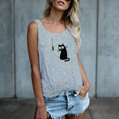 

Casual Women Cat Print Tank Top Scoop Neck Sleeveless Racer Back Summer Autumn Vest Tee Shirt